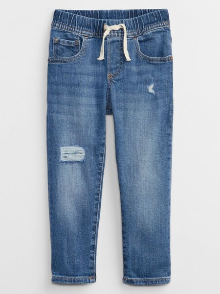Mid Wash Blue Destructed Pull-On Slim Jeans (L18174) | £15