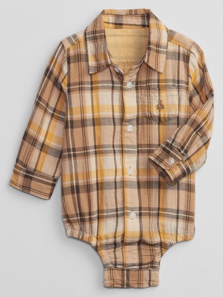 Yellow & Brown Brannan Bear Pocket Long Sleeve Tartan Shirt Baby Bodysuit (L18357) | £9