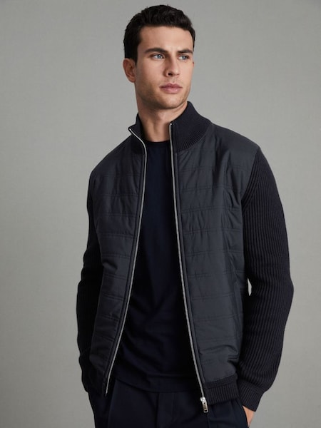 Hybrid Quilt and Knit Zip-Through Jacket in Navy (M20812) | £178