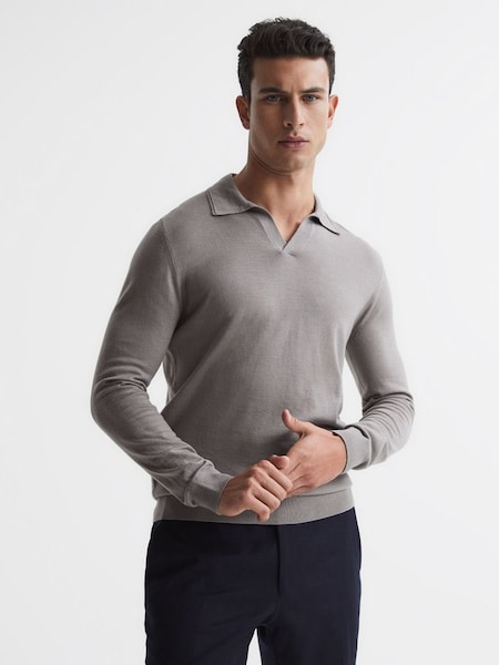 Merino Wool Open Collar Polo Shirt in Flint Grey (M21074) | £65