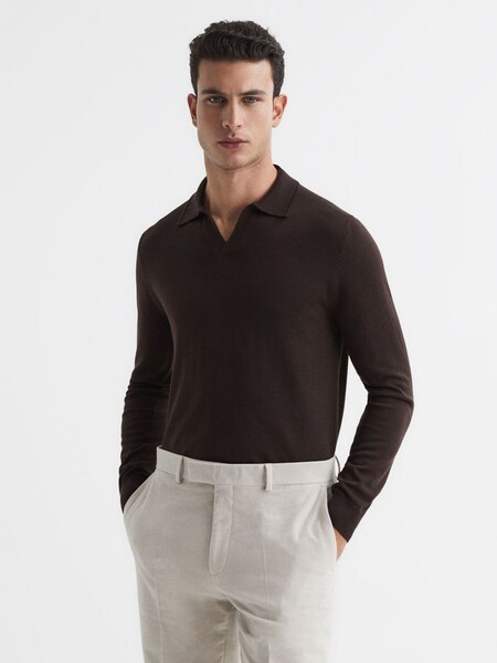 Merino Wool Open Collar Polo Shirt in Bitter Chocolate (M21078) | £65