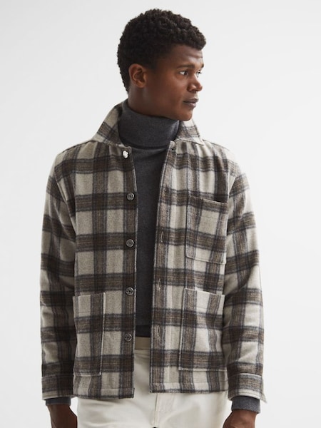 Brushed Checked Overshirt in Oatmeal/Brown (M22008) | £45