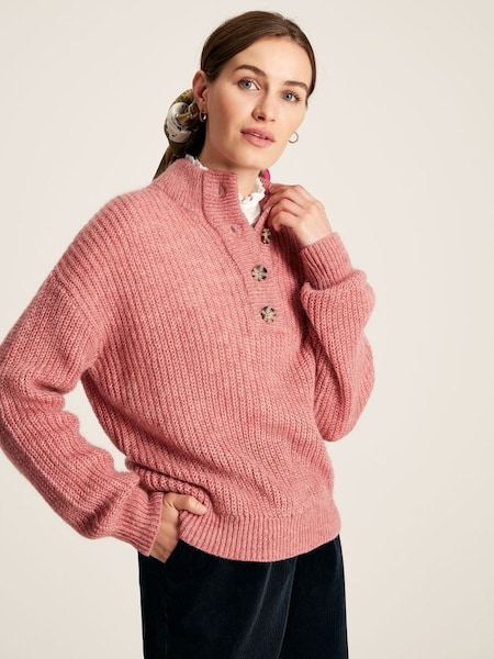 Kayleigh Pink Button Neck Ribbed Jumper (M48342) | £69.95