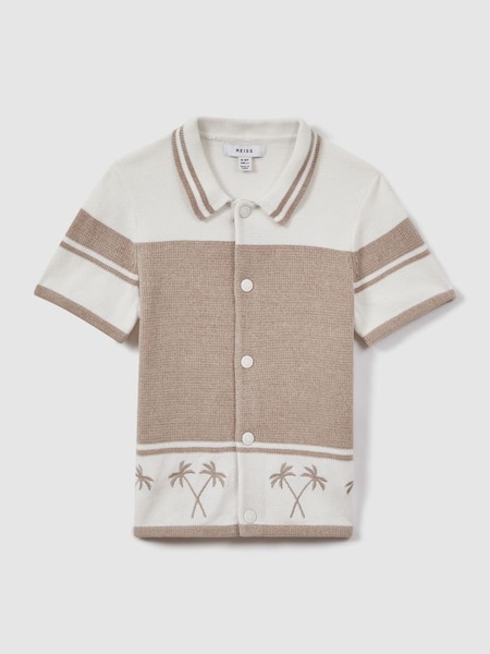 Velour Embroidered Striped Shirt in Taupe/Optic White (M50330) | £54