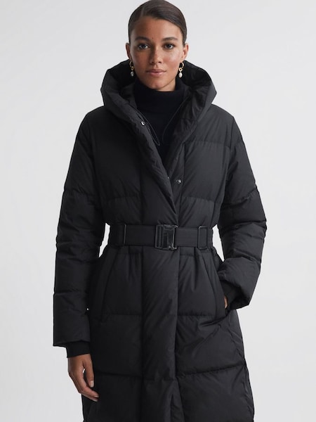 Petite Long Belted Puffer Coat in Black (M92467) | £248