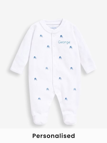 Personalised Elephant Embroidered Baby Sleepsuit in Blue (N00959) | £27