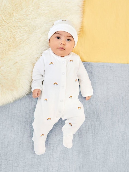 White Rainbow Embroidered Baby Sleepsuit (N00961) | £27