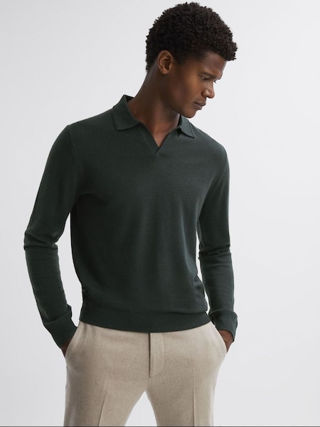 Merino Wool Open Collar Polo Shirt in Forest (N02013) | £58