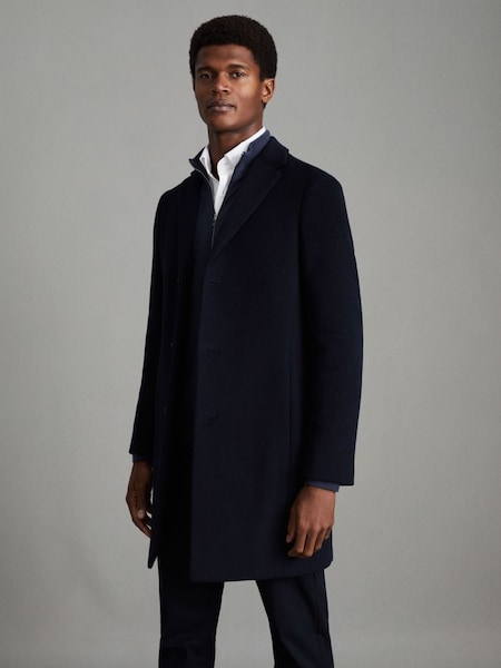 Wool Blend Single Breasted Epsom Overcoat in Navy (N02026) | £328