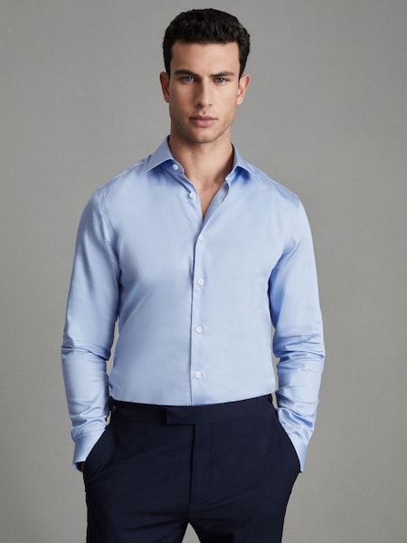 Cotton Satin Cutaway Collar Shirt in Mid Blue (N05134) | £78