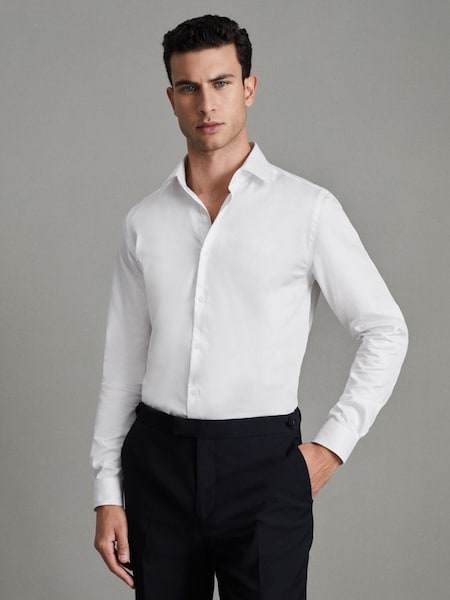 Cotton Satin Cutaway Collar Shirt in White (N05135) | £78