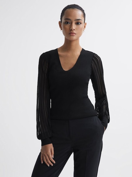Sheer Sleeve V-Neck Top in Black (N05144) | £58