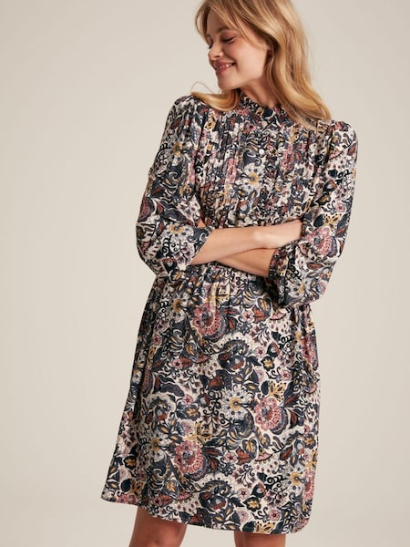 Lucia Brown Floral Frill Neck Midi Dress (N07899) | £69.95