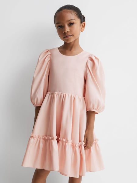 Junior Puff Sleeve Ruffle Mini Dress in Pink (N11551) | £65