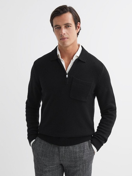 Wool Blend Half-Zip Polo Jumper in Black (N11591) | £90