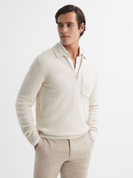 Wool Blend Half-Zip Polo Jumper in Ecru (N11592) | £90