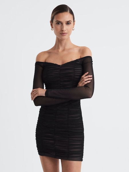 Good American Ruched Off-The-Shoulder Mini Dress in Black (N11607) | £129