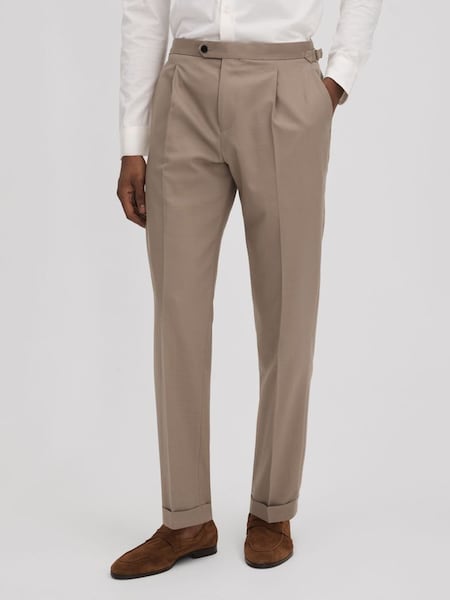 Slim Fit Wool Blend Trousers with Turn-Ups in Taupe (N13953) | £80