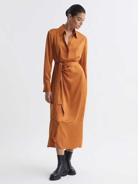 Satin Shirt-Style Midi Dress in Rust (N15698) | £248