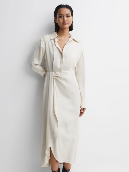 Satin Shirt-Style Midi Dress in Cream (N15699) | £248