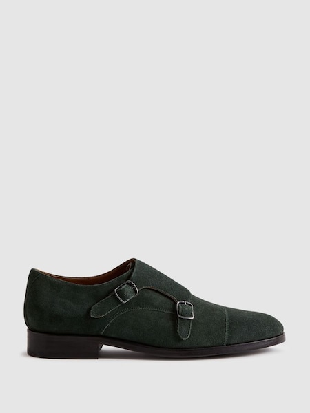Suede Double Monk Strap Shoes in Forest Green (N17282) | £198
