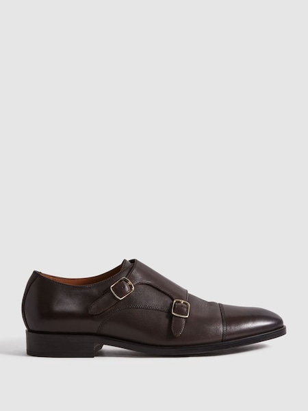 Leather Double Monk Strap Shoes in Dark Brown (N17296) | £198