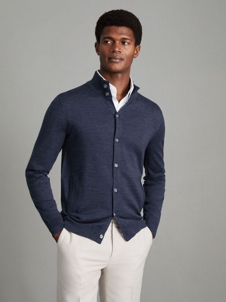 Merino Wool Button Through Funnel Neck Shirt in Indigo Melange (N17299) | £88