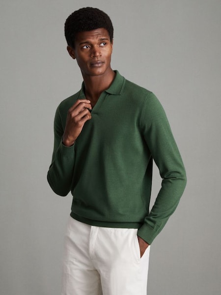 Merino Wool Open Collar Polo Shirt in Hunting Green (N17305) | £98
