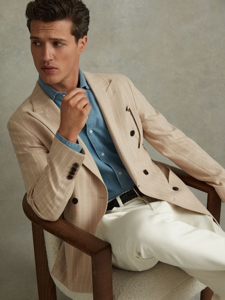 Slim Fit Double Breasted Striped Blazer in Oatmeal (N21201) | £328