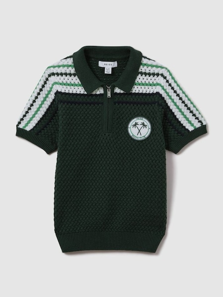 Textured Cotton Half Zip Polo Shirt in Dark Green (N21215) | £50