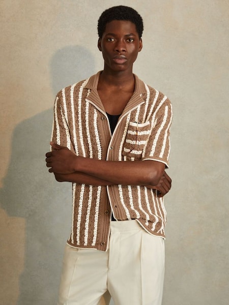 Oversized Crochet Striped Cuban Collar Shirt in Camel/White (N26663) | £128