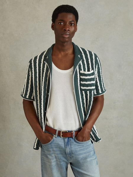 Oversized Crochet Striped Cuban Collar Shirt in Green/White (N26718) | £128