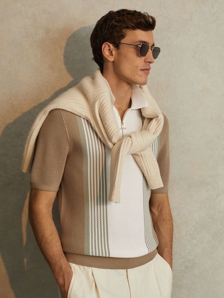 Open-Stitch Half-Zip Polo Shirt in Camel/White (N26733) | £110