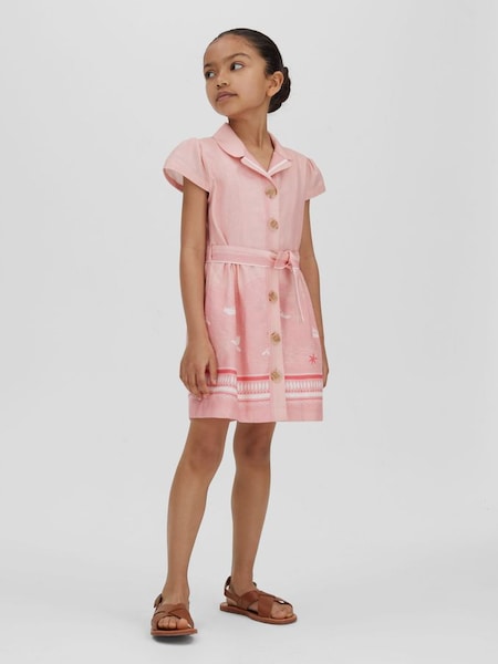 Junior Cotton Linen Capped Sleeve Belted Dress in Pink Print (N27683) | £68