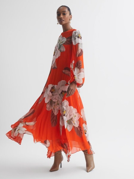 Florere Floral Asymmetric Midi Dress in Orange (N31481) | £130