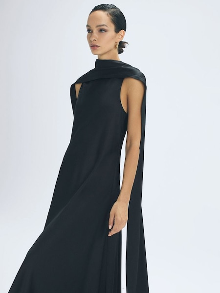 Atelier Duchess Satin Cape Maxi Dress in Black (N31507) | £595