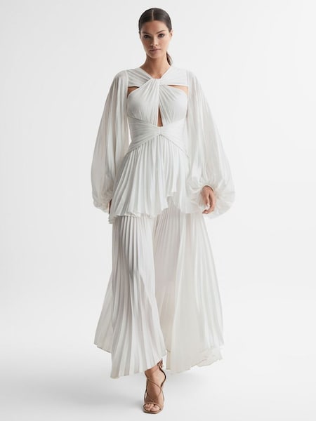 Acler Pleated Blouson Sleeve Midi Dress in Ivory (N32606) | £575