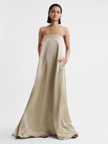 Anna Quan Japanese Satin Strapless Maxi Dress in Taupe (N32607) | £815