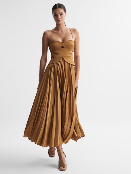 Acler Peplum Pleated Midi Dress in Gold (N32611) | £495