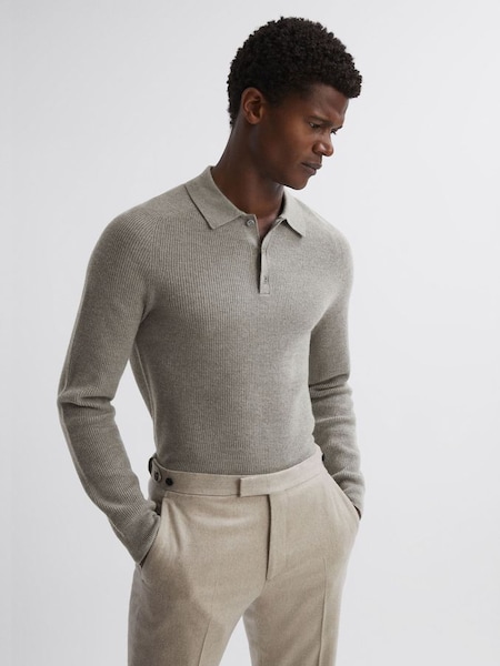 Wool Long Sleeve Polo Shirt in Sage Melange (N33362) | £68