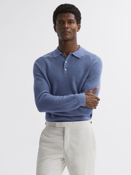 Wool Long Sleeve Polo Shirt in Blue Melange (N33363) | £118