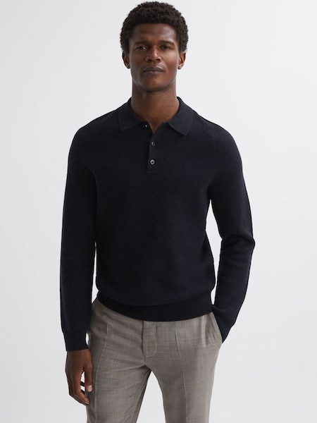 Wool Long Sleeve Polo Shirt in Navy (N33364) | £58