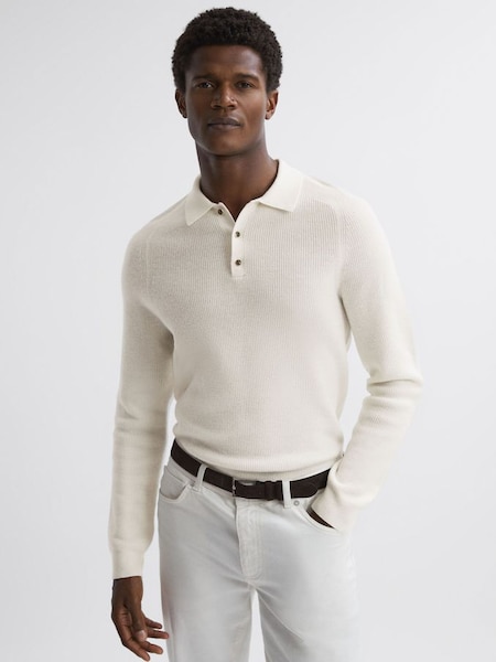 Wool Long Sleeve Polo Shirt in Ecru (N33391) | £58