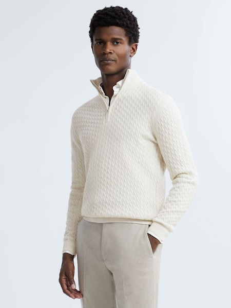 Atelier Cashmere Cable Knit Half-Zip Funnel Neck Jumper in Cloud White (N35566) | £120