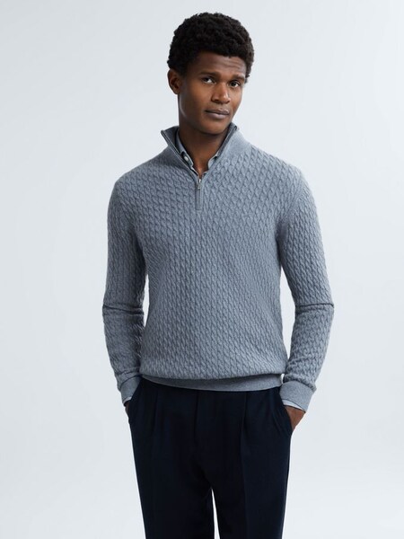 Atelier Cashmere Cable Knit Half-Zip Funnel Neck Jumper in Blue Haze (N35570) | £120