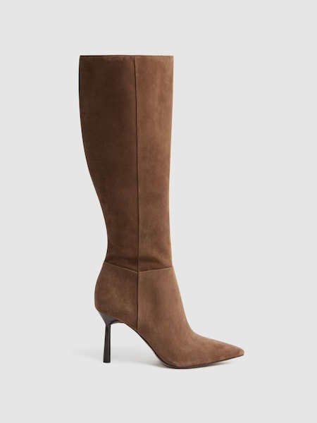 Leather Knee High Heeled Boots in Tan (N36447) | £358