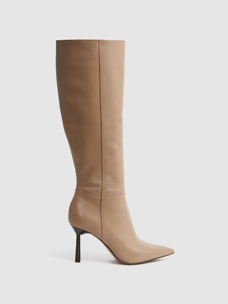 Leather Knee High Heeled Boots in Camel (N36448) | £358