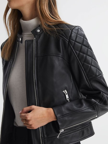Leather Collarless Quilted Jacket in Black (N36461) | £228