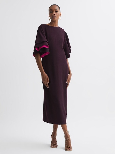 Florere Tiered Sleeve Midi Dress in Burgundy (N36472) | £120