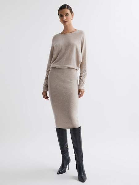 Wool Blend Ruched Sleeve Midi Dress in Neutral (N36479) | £198